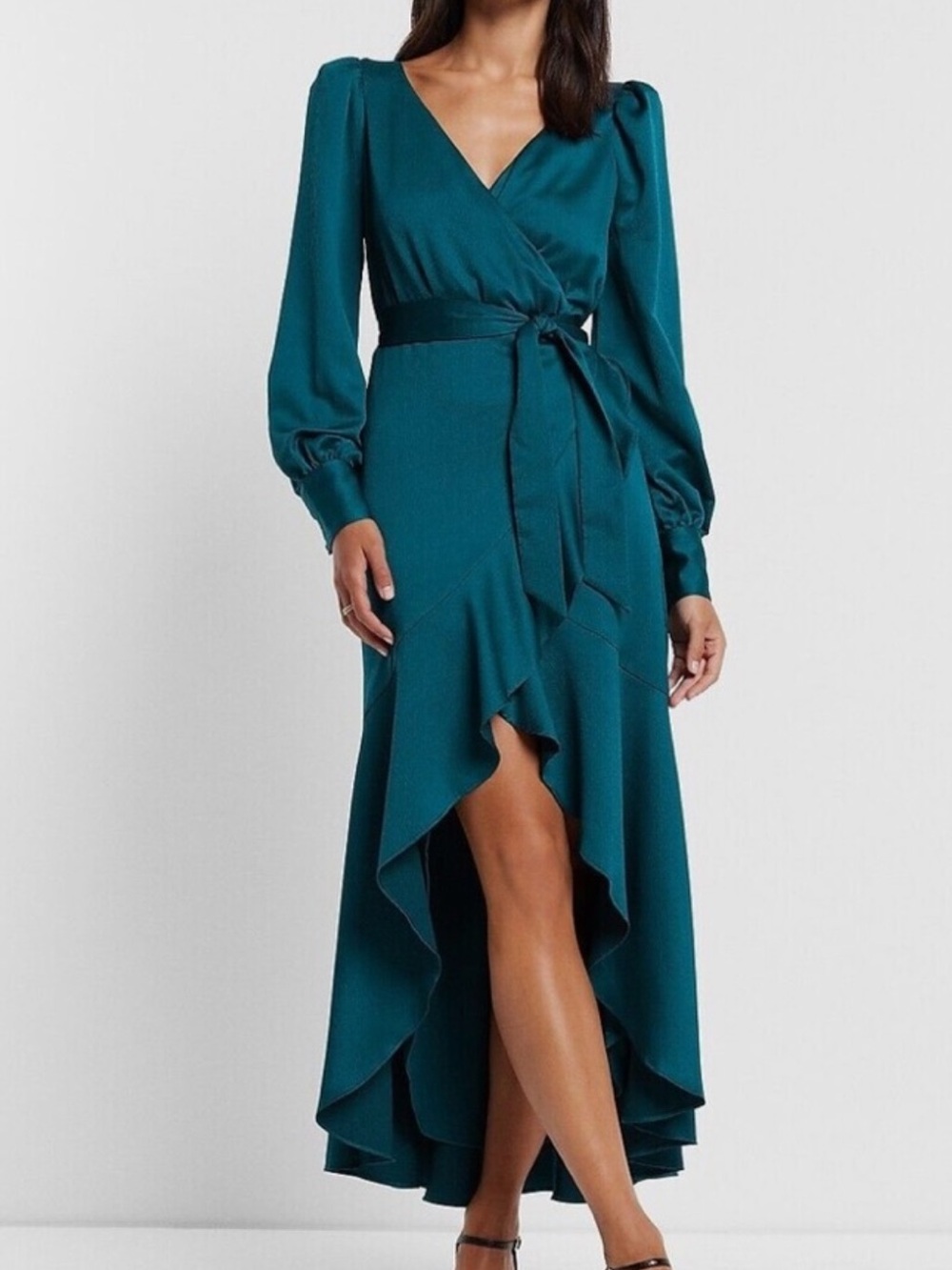 Express XL Teal Textured Satin Surplice Ruffle High Low Faux Wrap Maxi Dress NWT
